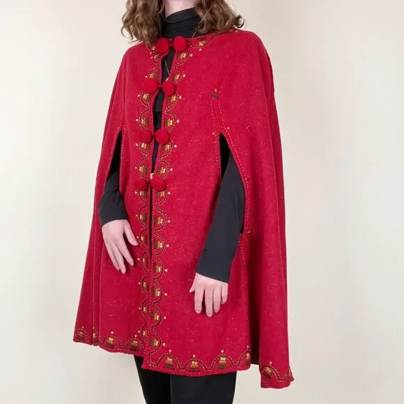 Vintage Handmade Embroidered Poncho Cape Crochet Woven Jacket Coat Cloak Long - Picture 3 of 5